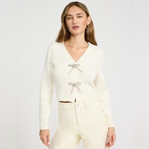 New! SOLDOUT EXPRESS Ribbed V-Neck Rhinestone Bow Cardigan